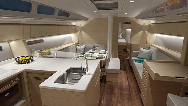 Xp 55 gallery and saloon the new interior style. Light oak furniyure with walnut floor boards. © X-Yachts